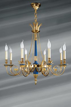 Lustre doré et bleu roi de style Directoire, en bronze massif - Lustre by Lucien Gau