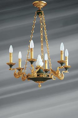 Lustre doré style Empire en bronze massif finition vieil or et vert impérial - Lustre by Lucien Gau