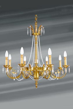 Lustre style Directoire doré cristal de bohème en perles huit lumières - Lustre by Lucien Gau