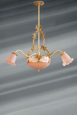 Romantic art nouveau pink chandelier with 6 golden lights in glass paste - Pendants by Lucien Gau