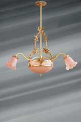 Romantic art nouveau pink chandelier with 6 golden lights in glass paste - Pendants by Lucien Gau