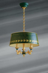 Petit lustre en bronze massif de style Empire, trois lumières et abat-jour laqué - Lustre by Lucien Gau
