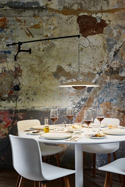 Large suspended wall light, light wood dome, 180° pivoting