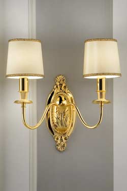 Applique double bronze doré abat-jour en soie beige - Applique by Masiero