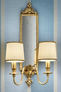 Applique miroir double bronze doré motif feuilles abat-jour soie beige - Applique by Masiero