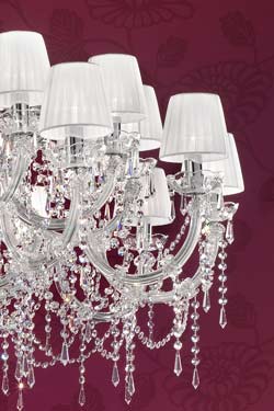 White, chrome-plated metal and clear crystal designer chandelier 