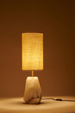Monolite table lamp in raw alabaster block and linen