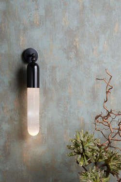 Selene capsule wall light in selenite and bronze