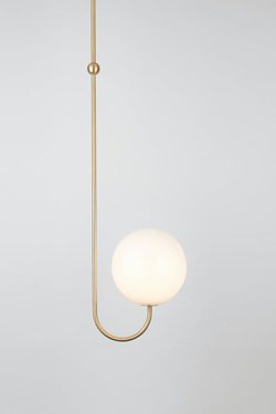 Satined brass pendant with a white globe Single Angle - Pendants by Michael Anastassiades