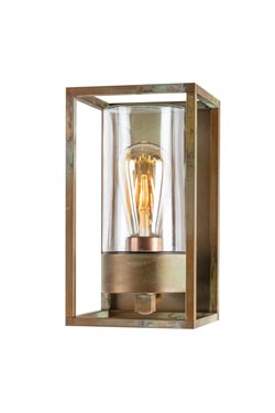 Cubic outdoor lantern wall lamp in aged brass