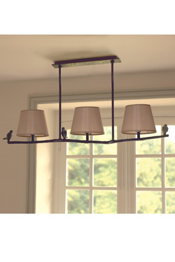 Triple bird on the branch pendant in solid bronze and white lampshades