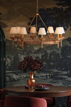 Gold-finish steel and Gingham-patterned abaca rope chandelier