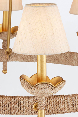 Gold-finish steel and Gingham-patterned abaca rope chandelier