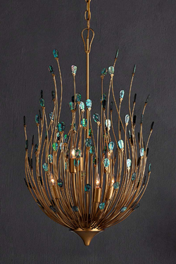 Lustre 6 lumières doré et détails de coquillage bleu Delphos