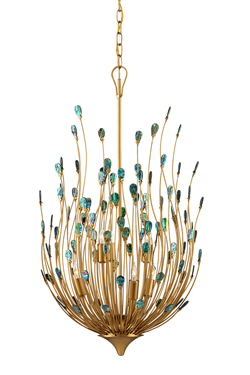Lustre 6 lumières doré et détails de coquillage bleu Delphos - Lustre by Quintiesse
