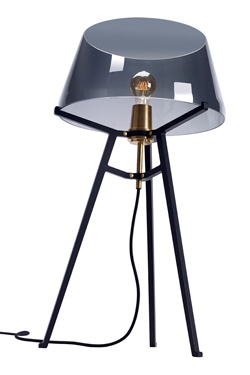 Ella table lamp, with lightly smoked glass shade on black tripod